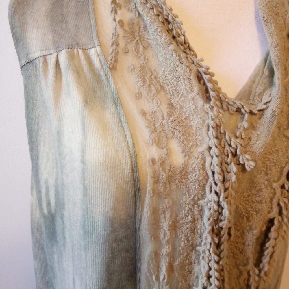 One World Sage Green Tie Dye Lace Fringe Duster Cardigan Size: Large - Picture 5 of 14